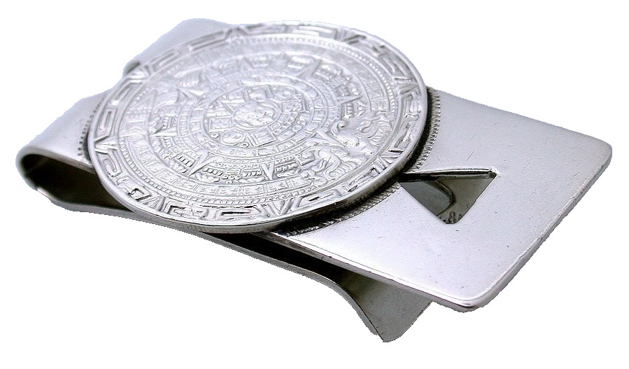 VINTAGE STERLING MAYA AZTEC CALENDAR 2 1/10 x 1 3/10 INCH MONEY CLIP PMC201