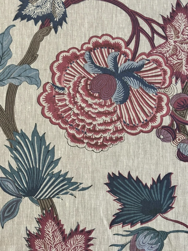 Indienne Jacobean Raspberry and Blue on Natural by Thibaut Fabric 7 Yards Linen - Image 3 of 4