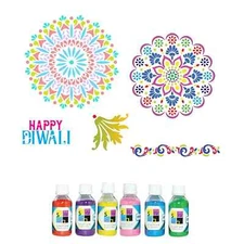 Rangoli Making Tools Kit Set of 5 Stencil 6 Rangoli Powder Colors Bottles Multic
