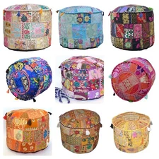 Indian Vintage Embroidered Patchwork Round Seating Pouf Cover Footstool Ottoman