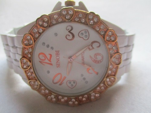 Sinobi Wristwatch White Stainless Steel Link Band Rose Gold Tone Hearts Sparkly - Picture 9 of 12