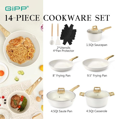Pots and Pans Set Non Stick - 14 Pcs White Granite Kitchen Cookware Sets Nons... - Picture 3 of 8