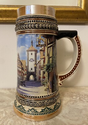 German Theme Ceramic Beer Stein 8  Tall Beautiful German Village Scene E.H.G.