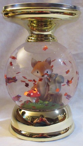Bath & Body Works 3-Wick Candle Holder WATER GLOBE FALL Fox & Squirrel Pedestal - Picture 2 of 5