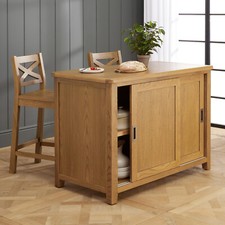 Kitchen Island with Oak Bar Stools x 2 Cotswold Rustic Smoked Oak Two Seater Bar