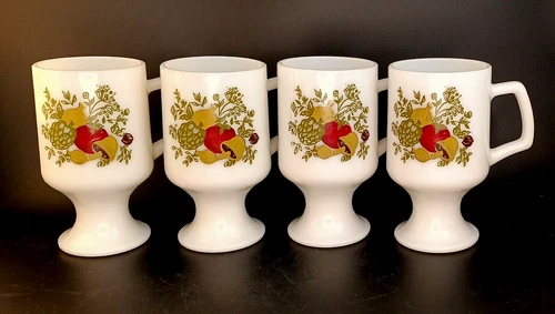 Corning Pyrex Spice of Life Milk Glass Pedestal Mugs Coffee Cups Set of 4,  OBO