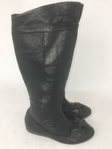 Lavorazione Artigiana Black Leather Knee High Boots Women's Size 36 Bow Flats - Picture 3 of 9