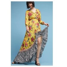 Farm Rio Women Sunlit Floral Maxi Dress V Neck Long Sleeve Yellow Black Size XS