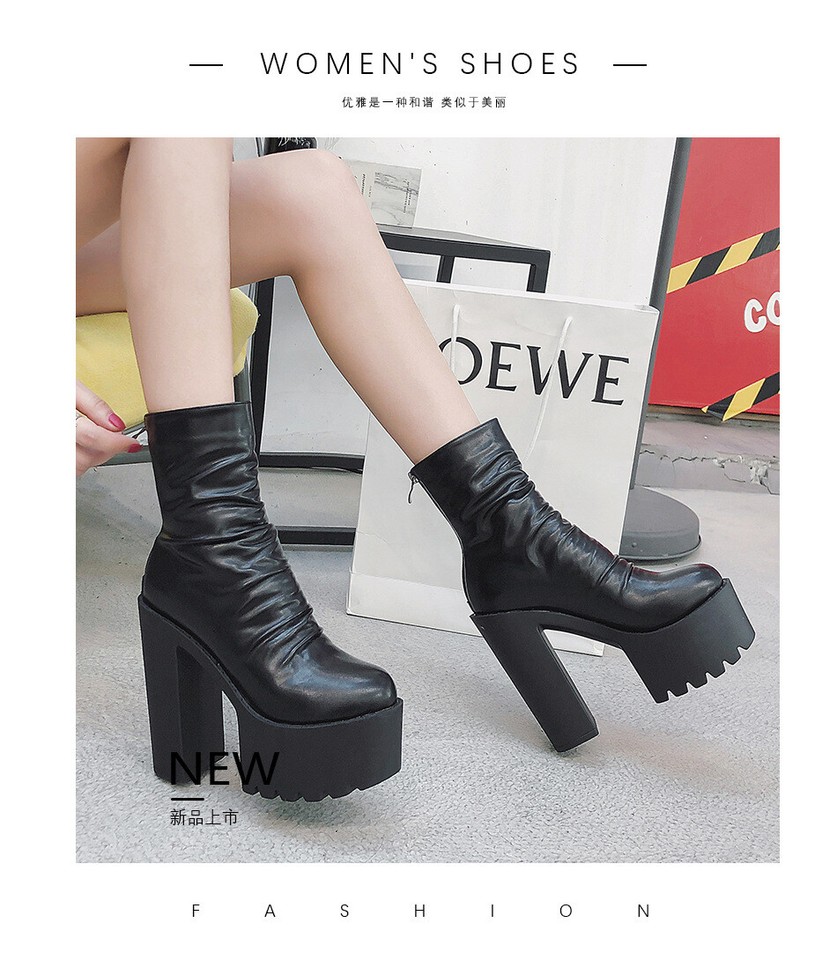 Womens Club Party Ankle Boots Autumn Platform High Chunky Heels Leather