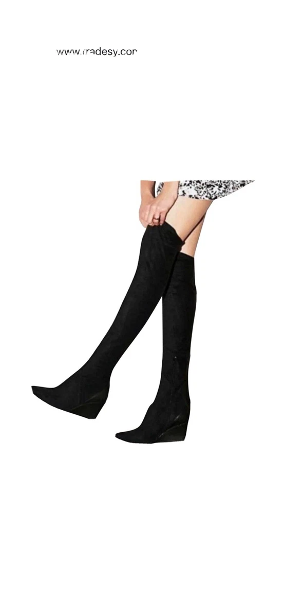 Black suede thigh cheap high wedge boots