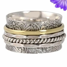Two Tone Spinner Ring 925 Sterling Silver Handmade Jewelry Ring Gift For Her