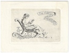 HANS HAUKE: Exlibris für Nelly Hanrath; Leserin im Schaukelstuhl; 1950