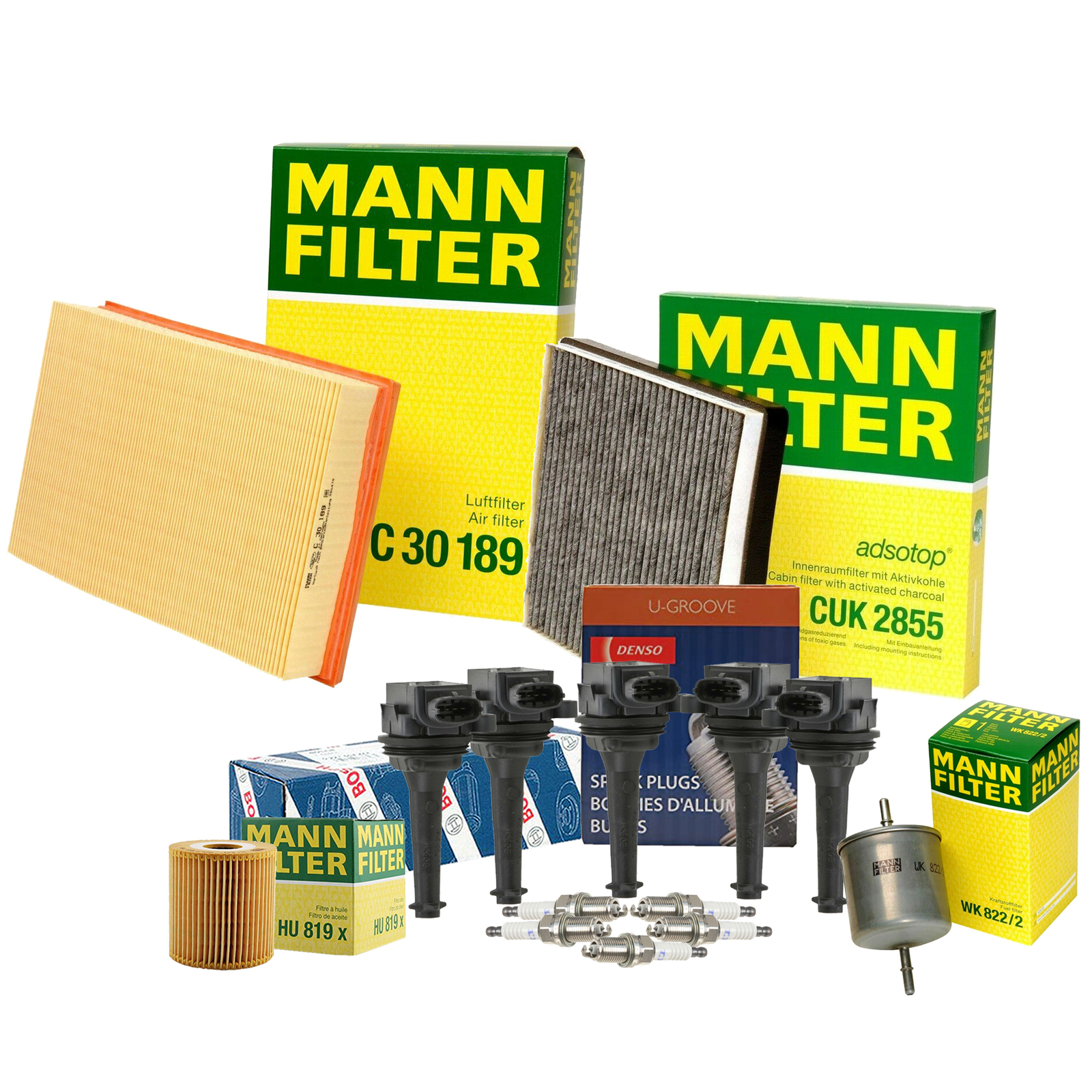 Mann Filters Bosch 5 Coils Denso 5 U-Groove Spark Plugs TuneUp Kit For Volvo FWD