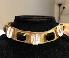 Victorian Gold Tone Mesh Faceted Black White Glass Statement Choker Necklace