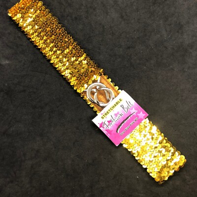 Women Gold Sequin Waist Belt Circular Ring Buckle Stretch One size Fits  Most | eBay