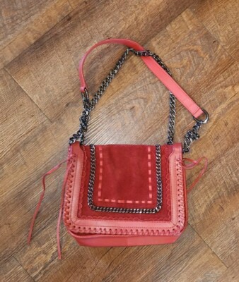 Zara Womens Leather Crossbody Bag Red Small Suede Bag Chain Strap