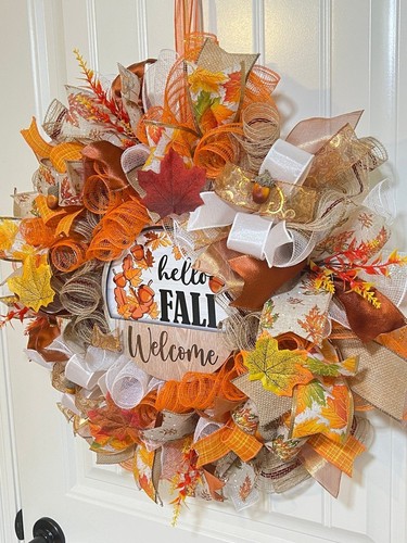 Handmade Hello Fall Ribbon Welcome Door Wreath Acorn Leaf 22 in LED Thanksgiving - Picture 3 of 10