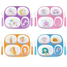 Set of 4 Divided Melamine Dinner Plates for Girls, Shatterproof Dinnerware wi...