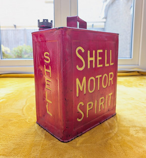 Shell Motor Spirit Petrol Can Tin Red with Yellow Lettering