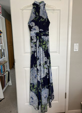Eliza J Floral Halter Maxi Dress Navy Blue Green Beaded Accents Size 2