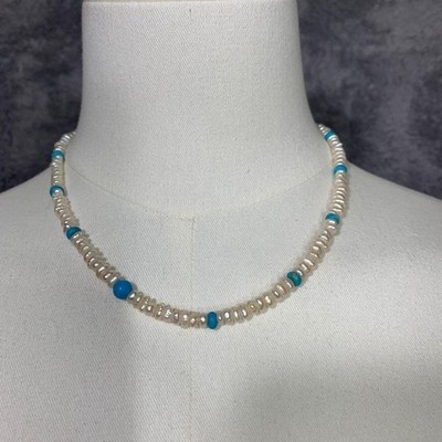 Vintage Freshwater Pearl & Turquoise Beaded Necklace 18'' Natural Gemstone Strand