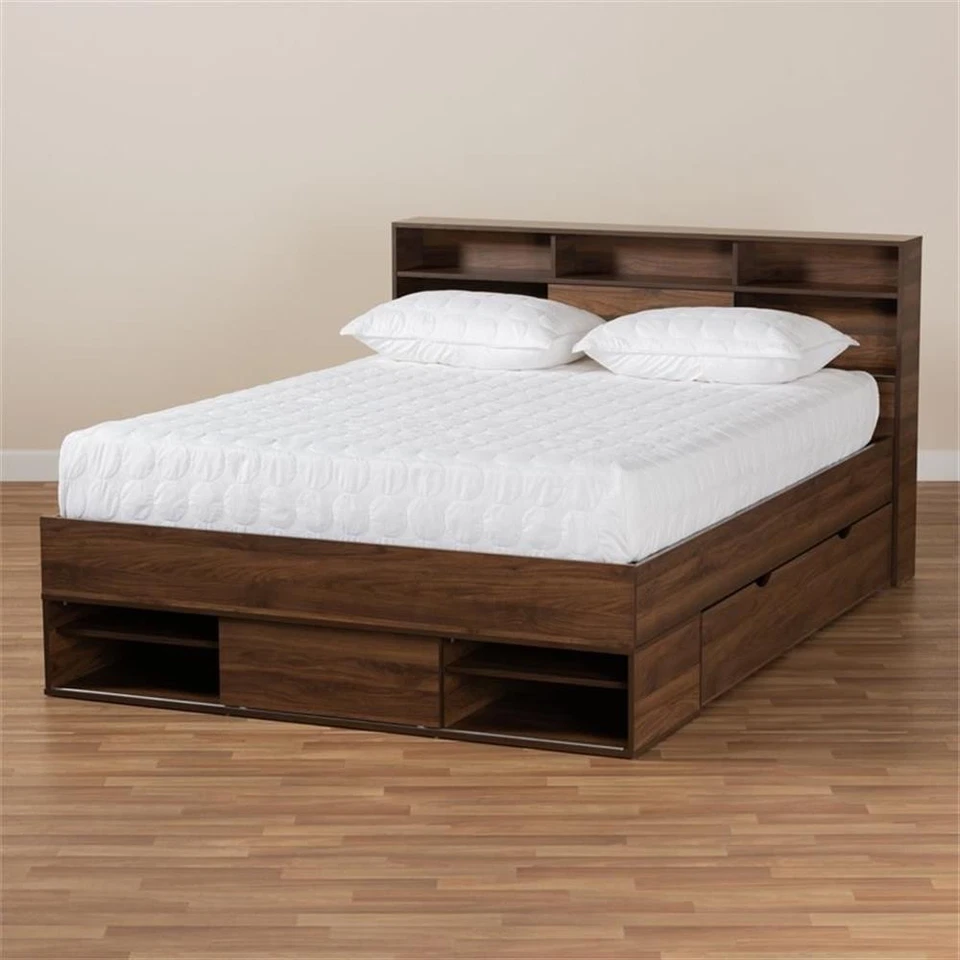 Cama de almacenamiento con plataforma de madera de nogal tamaño queen Baxton Studio Tristan 1 cajón Foto 3 de 4