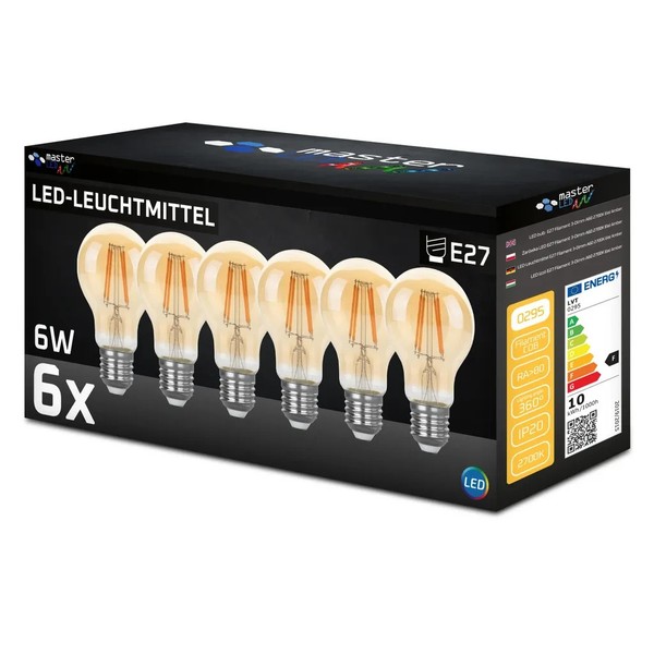 6Er Set Led E27 6W Masterled Filament A60 600Lm Amber 2700K 3-Step Dimmbar-image