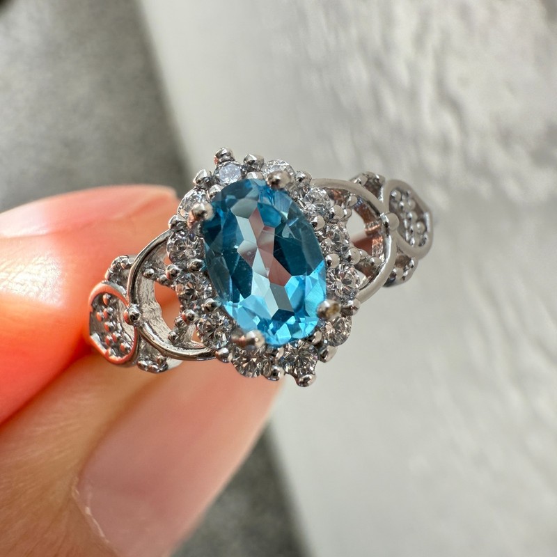 925 Sterling Silver Ring Oval Blue 6x4mm Natural Topaz Gemstone Zircon Women