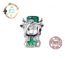 Sterling Silver .925 Charm Pendant Highland Cow Holding Shamrock FREE OFFER