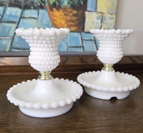Pair of Vintage Fenton Hobnail Milk Glass Lamp Bases for Parts Repair Rate Style