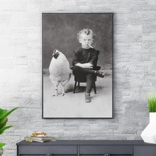 Smoking Boy with Chicken Canvas Wall Art Reproduction - Vintage Poster