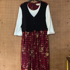 Vintage Christmas Maxi Dress 90s Mom Vest Gingham Check Country Modest Holiday