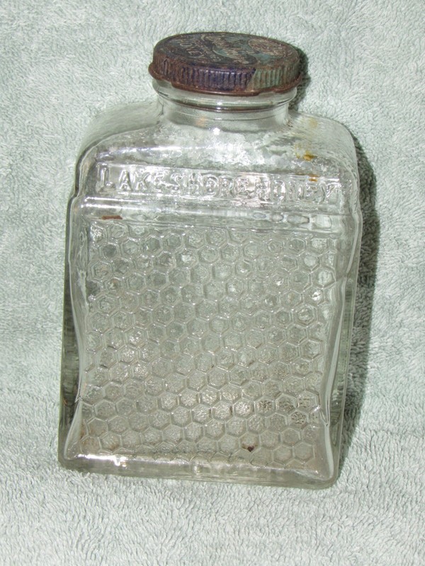 Vintage Glass Lake Shore Pure Honey Bee Jar Honeycomb Threaded Metal Lid 14 oz