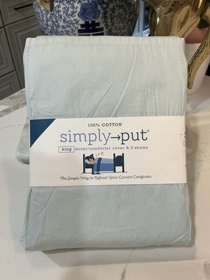  NWT-Simply Put 100% Cotton King Duvet Cover Set W- (2) Shams Spa Blue 