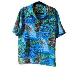Vintage 60s 70s Hawaiian Aloha Camp Shirt Mens M Bright Floral Palm Trees