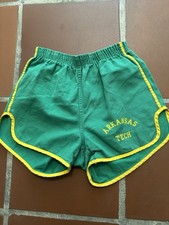 Vintage 70s, 80s Arkansas Tech Running Gym Shorts Green Yellow 100 Cotton - S/M