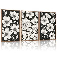 Abstract Black and White Framed Canvas Wall Art,White Flower Plant Poster,Mod...