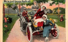 Cute Couples Stanley Steamer Touring Car Automobile Happy Vtg Postcard I44