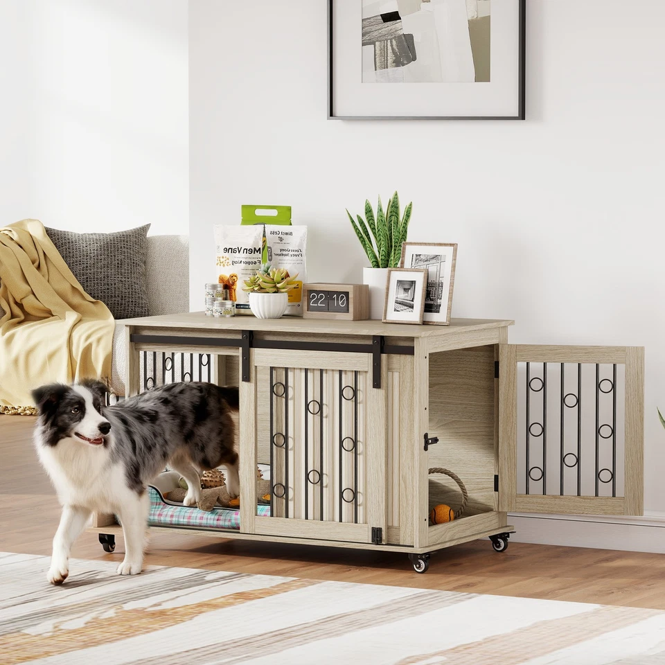 PawHut Hundekäfig 100 cm Hundebox für Zuhause mit Rollen, 2 Schiebetüren, Eiche