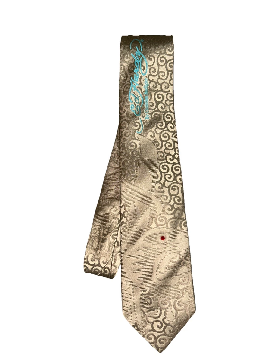 Cravate Ed Hardy Tiger Tattoo - 100% Soie, Vert Olive/gris/noir, Motif Tigre Rugissant - Neuf Sans étiquette