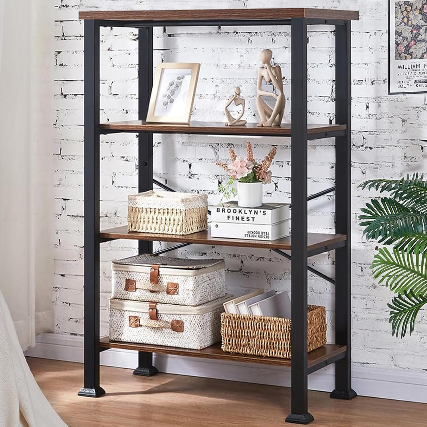 4 Tier Bookshelf,Rustic Brown Industrial Book Shelf,Engineer