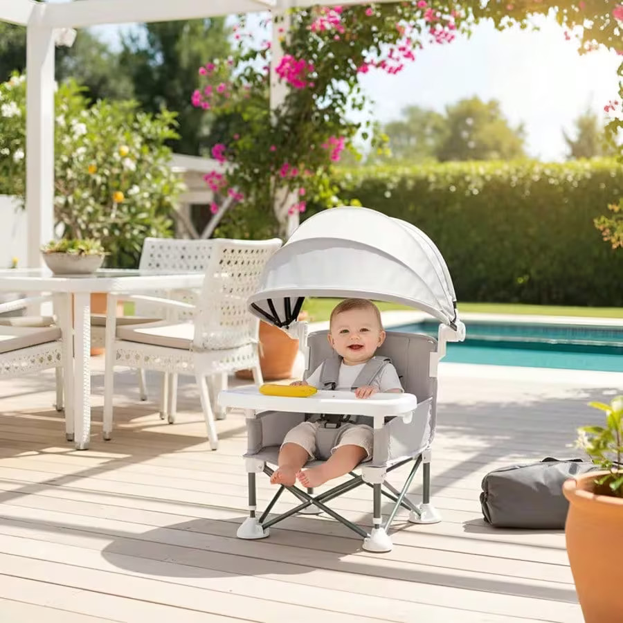 Chaise bébé portable pliable de voyage compacte avec tablette repas et canopy