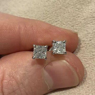 1.0 Ct. Lab Grown Diamond Princess Cut Solitaire Stud Earrings Set In 925 Silver