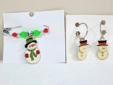 Handmade Christmas Snowman Dangle/Drop Earrings and Brooch Set