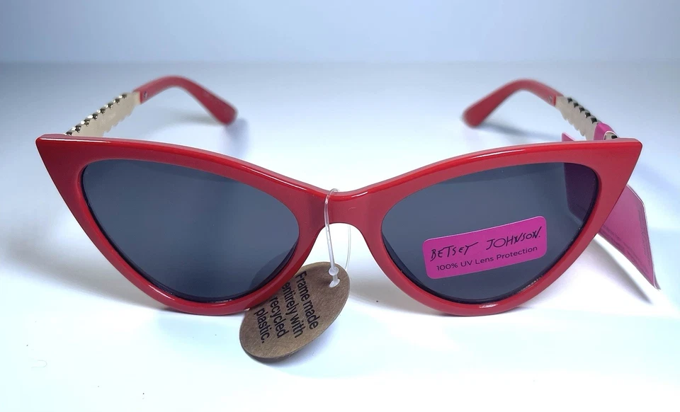 NEW BETSEY JOHNSON Red Gold Pearl Leopard Cat Eye BJ 24 179 Sunglasses + Case - Image 2 of 4