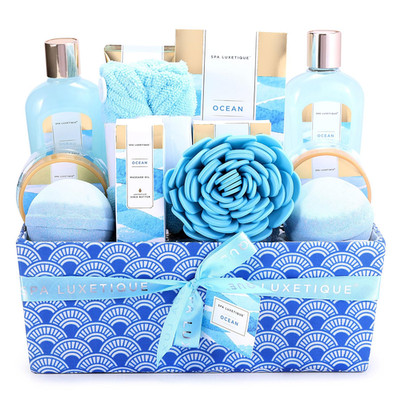 Ocean Scent Spa Gift Basket for Women - 12 Pcs Bath Set with Bombs & Scrub