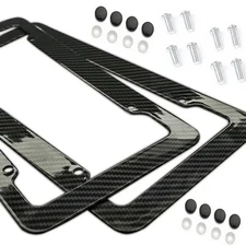 2Pc Carbon Fiber License Plate Frame Cover Front & Rear Universal With Screw Cap