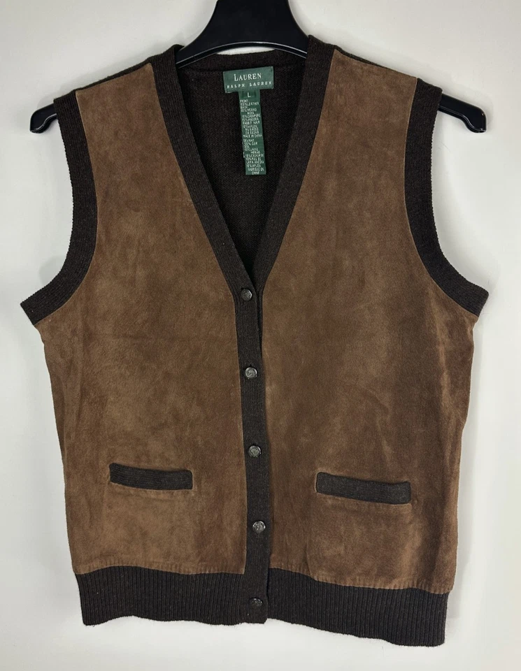 Colete de couro Lauren Ralph Lauren camurça equestre feminino grande lã cashmere - Imagem 2 de 4