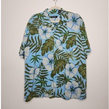 Vintage Puritan Rayon Hawaiian Hawaii Button Shirt Large Blue Green Nature