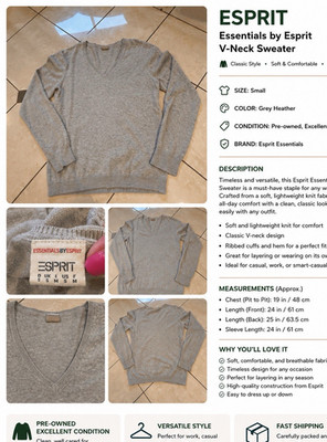 Esprit Essentials Gray Heather V-Neck Knit Pullover Sweater Women s S